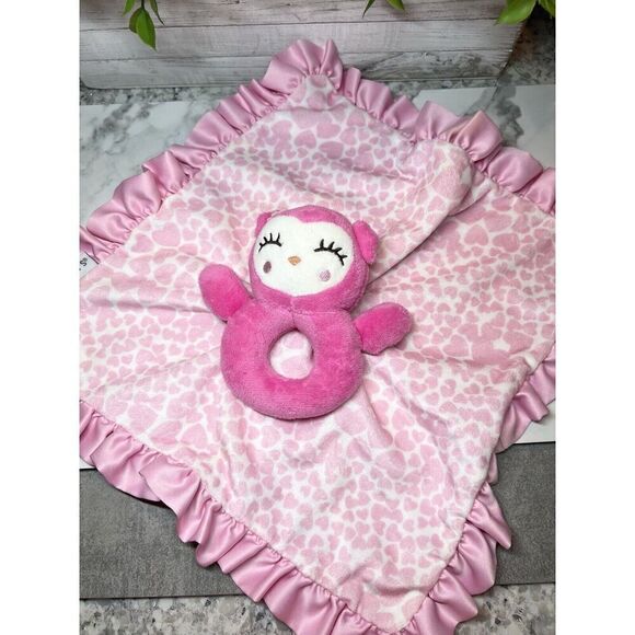 Carters Rattle Lovey Security Blanket Plush Pink White Satin Bird Owl Heart - Picture 1 of 6